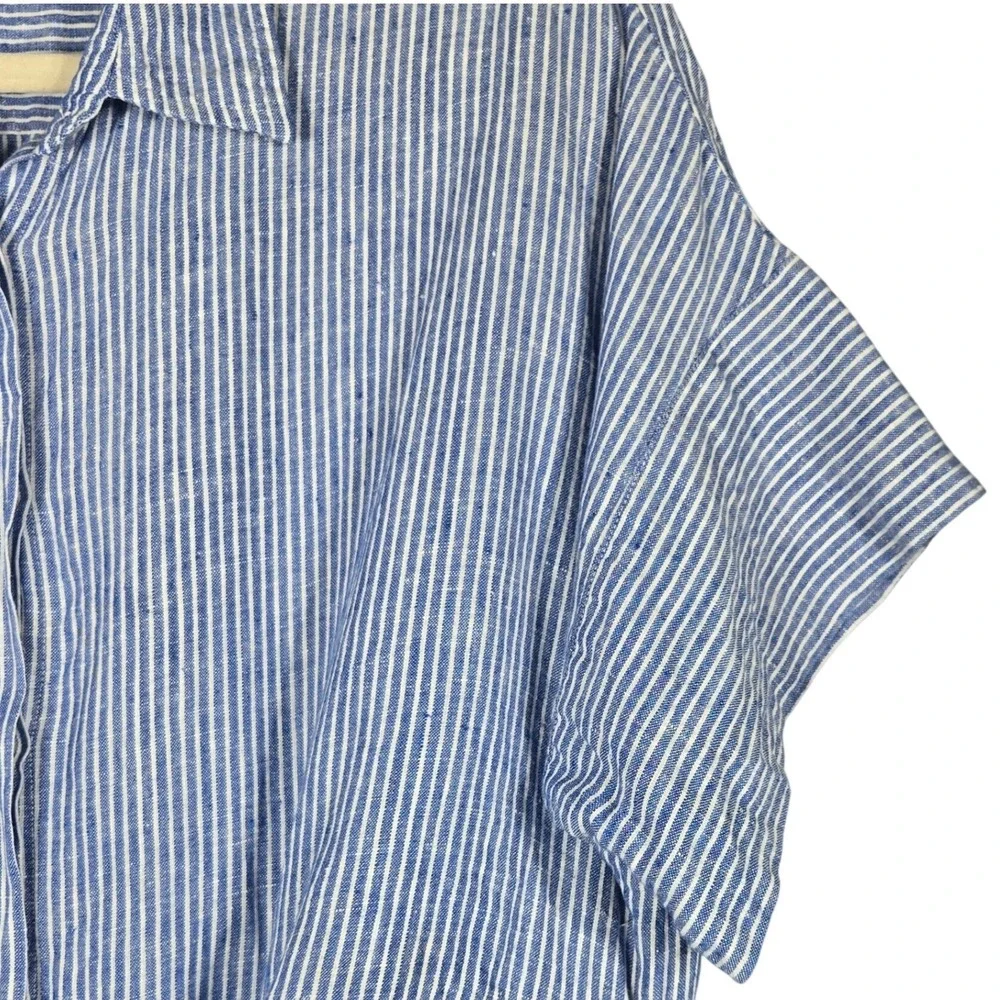 Lauren Ralph Lauren Shirt L Blue White Striped 100% Linen Tie Front Short Sleeve - Picture 6 of 11